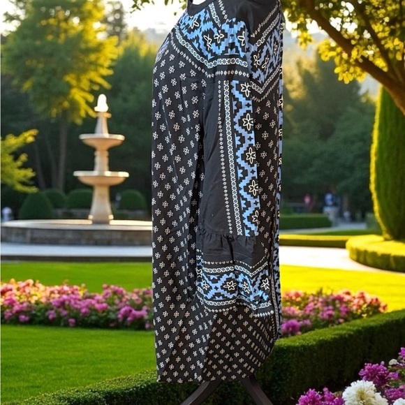 LOFT Black and Blue Patterned Midi Dress - Picture 2 of 6